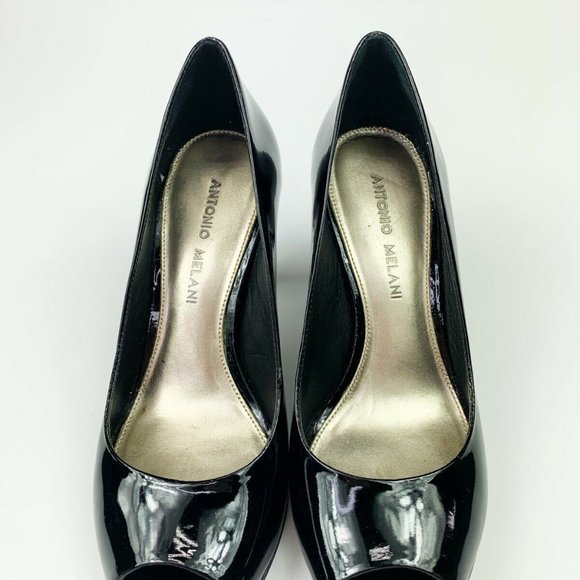 Antonio Melani Marion Heels 5.5 Black Patent Leather Shiny Classic Peep Toe - Picture 4 of 8